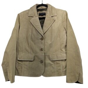 Bernardo Tan Beige Leather Blazer Jacket Lace Lining Pleated Back Womens Large